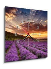 Obraz s hodinami 1D - 50 x 50 cm F_F68260251 - Stunning landscape with lavender field at sunrise - Ohromující krajina s levandulem pole při východu slunce