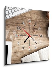 Obraz s hodinami 1D - 50 x 50 cm F_F68374448 - Wo0den  table with office  supplies - Wo0den stl s kancelskmi potebami