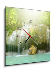 Obraz s hodinami 1D - 50 x 50 cm F_F69089073 - Deep forest waterfall - Hluboký lesní vodopád