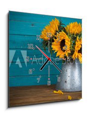 Obraz s hodinami 1D - 50 x 50 cm F_F70279016 - sunflower in metal vase - slunečnice v kovové váze