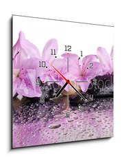 Obraz s hodinami 1D - 50 x 50 cm F_F70327716 - flowers and black stones with reflection