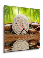 Obraz s hodinami 1D - 50 x 50 cm F_F70800084 - Spa background with rolled towel, bamboo and candlelight