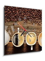 Obraz s hodinami 1D - 50 x 50 cm F_F70894369 - Variety of cups of coffee and coffee beans on old wooden table