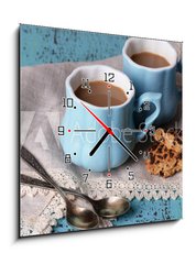 Obraz s hodinami 1D - 50 x 50 cm F_F71101894 - Cups of coffee with cookies and napkin on wooden table - Šálek kávy s cookies a ubrousek na dřevěném stole