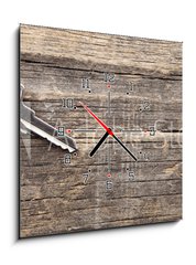 Obraz s hodinami 1D - 50 x 50 cm F_F72381127 - Symbol of the house with silver key on vintage wooden background - Symbol domu se stříbrným klíčem na vinobraní dřevěné pozadí