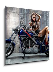 Obraz s hodinami 1D - 50 x 50 cm F_F72381974 - Young sexy woman sitting on motorcycle. - Mladá sexy žena sedící na motorce.