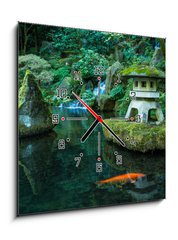 Obraz s hodinami 1D - 50 x 50 cm F_F72382315 - A Lantern and Waterfall in the Portland Japanese Garden - Lucerna a vodopád v japonské zahradě v Portlandu