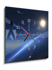 Obraz s hodinami   Solarzellen mit Satelliten im Hintergrund, 50 x 50 cm