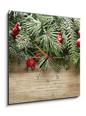 Obraz s hodinami   Christmas tree branches background, 50 x 50 cm