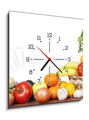 Obraz s hodinami 1D - 50 x 50 cm F_F75554730 - Fruits and vegetables isolated white background - Ovoce a zelenina izolované na bílém pozadí