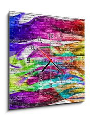 Obraz s hodinami 1D - 50 x 50 cm F_F76004024 - abstract colorful painting over brick wall - abstraktní barevný obraz přes cihlovou zeď