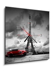 Obraz s hodinami 1D - 50 x 50 cm F_F76327230 - Effel Tower, Paris, France and retro red car. Black and white - Effel Tower, Paříž, Francie a retro červené auto. Černý a bílý