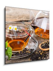 Obraz s hodinami 1D - 50 x 50 cm F_F76902225 - Tea composition with mint leaf on wooden palette