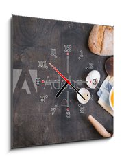 Obraz s hodinami 1D - 50 x 50 cm F_F77487902 - Baking background with eggshell, bread, flour, rolling pin - Pečení pozadí s vejcem, chlebem, moukou, válečkem