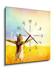Obraz s hodinami 1D - 50 x 50 cm F_F77938326 - Free Happy Woman Enjoying Nature. Beauty Girl Outdoor. - Zdarma šťastná žena užívat přírody. Krásy dívka venkovní.