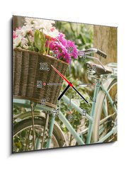 Obraz s hodinami   Vintage bicycle with flowers in basket, 50 x 50 cm