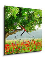 Obraz s hodinami 1D - 50 x 50 cm F_F7853282 - Poppy  s field and big green tree