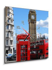 Obraz s hodinami   Telephone box, Big Ben and double decker bus in London, 50 x 50 cm