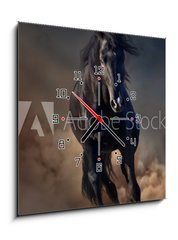 Obraz s hodinami 1D - 50 x 50 cm F_F78859419 - Beautiful black stallion run in desert dust against sunset sky