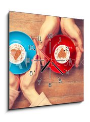 Obraz s hodinami 1D - 50 x 50 cm F_F79045228 - Women and man holding cups of coffee