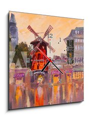 Obraz s hodinami 1D - 50 x 50 cm F_F79670064 - Oil painting cityscape - Moulin rouge, Paris, France - Panoráma města olejomalba