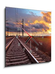 Obraz s hodinami 1D - 50 x 50 cm F_F81148616 - Orange sunset in low clouds over railroad