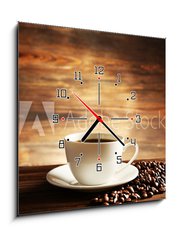 Obraz s hodinami 1D - 50 x 50 cm F_F81865478 - Cup of coffee with grains on wooden background - Šálek kávy se zrny na dřevěném pozadí
