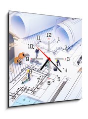 Obraz s hodinami 1D - 50 x 50 cm F_F81873311 - house under construction on blueprints - building project - dm ve vstavb na plnech