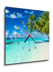 Obraz s hodinami 1D - 50 x 50 cm F_F86277577 - coco palms on tropical paradise beach with turquoise blue water and blue sky - kokosové palmy na pláži tropického ráje s tyrkysově modrou vodou a modrou oblohu