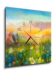 Obraz s hodinami 1D - 50 x 50 cm F_F90987549 - Oil painting  flowers dandelion, cornflower, daisy in fields. Sunset  meadow landscape with wildflower, hill and sky in orange and blue color background. Hand Paint summer floral Impressionist style