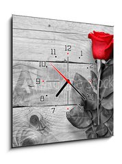 Obraz s hodinami 1D - 50 x 50 cm F_F95876705 - Red rose on black and white wooden background - Červená růže na černém a bílém dřevěném pozadí
