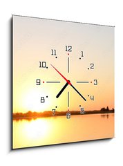 Obraz s hodinami 1D - 50 x 50 cm F_F95968412 - Golden sunrise over calm water - Zlatý východ slunce nad klidnou vodou