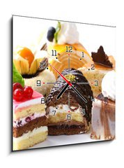 Obraz s hodinami 1D - 50 x 50 cm F_F96319616 - Assorted different mini cakes with cream, chocolate and berries - Rozmanité mini koláče se smetanou, čokoládou a bobulemi