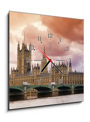 Obraz s hodinami 1D - 50 x 50 cm F_F9632866 - Stormy Skies over Big Ben and the Houses of Parliament - Bouřlivé nebe nad Big Benem a domy Parlamentu