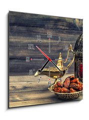 Obraz s hodinami 1D - 50 x 50 cm F_F97000675 - Ramadan lamp and dates on wooden background. Oriental lantern - Ramadán lampa a data na dřevěné pozadí. Orientální lucerna