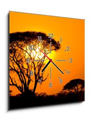 Obraz s hodinami 1D - 50 x 50 cm F_F9856280 - african sunset in savannah, kenya - africk zpad slunce v savan, kenya
