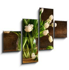 Obraz tydln 4D - 120 x 90 cm F_IB11553588 - White tulips in glass vase on rustic wood - Bl tulipny ve sklenn vze na rustiklnm devu