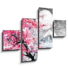 Obraz   oil painting landscape with sakura and mountain, hand drawn illustration, Japan, 120 x 90 cm
