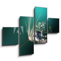 Obraz 4D tydln - 120 x 90 cm F_IB123550067 - Beautiful dew drops on a dandelion seed macro.  Beautiful blue background. Large golden dew drops on a parachute dandelion. Soft dreamy tender artistic image form.