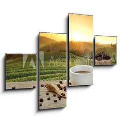 Obraz 4D tydln - 120 x 90 cm F_IB125680313 - Hot Coffee cup with Coffee beans on the wooden table and the pla