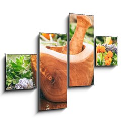 Obraz 4D tydln - 120 x 90 cm F_IB128185706 - Variety of herbs and mortar on wooden background, banner - Rozmanitost bylin a malty na devn pozad, banner
