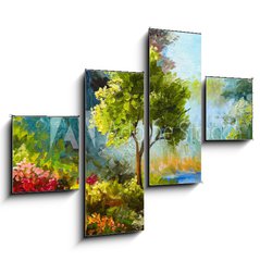 Obraz 4D tydln - 120 x 90 cm F_IB131023522 - oil painting, flowers and trees near the river, sunset
