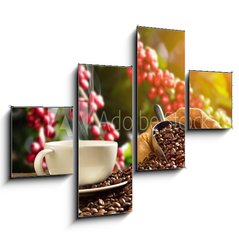 Obraz 4D tydln - 120 x 90 cm F_IB136057023 - Cup of coffee with smoke and coffee beans in burlap sack on coff