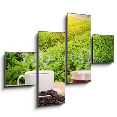 Obraz 4D tydln - 120 x 90 cm F_IB160363480 - Coffee or tea in the morning on the wooden table and the Tea plantation background