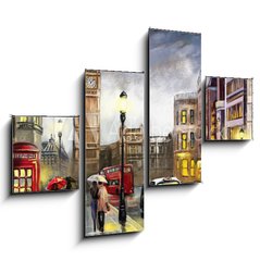 Obraz 4D tydln - 120 x 90 cm F_IB167015010 - oil painting on canvas, street view of london. Artwork. Big ben. couple and red umbrella, bus and road, telephone. Black car