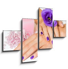 Obraz   Hands with purple manicure and flower, pink candle and beads, 120 x 90 cm