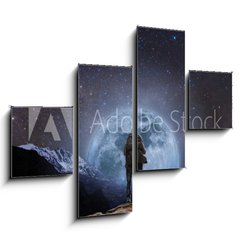 Obraz 4D tydln - 120 x 90 cm F_IB205708981 - a man with backpack standing on mountain peak at night, and silhouette mountain with bright full moon and sky full of stars
