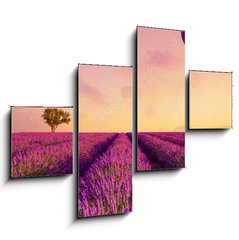 Obraz 4D tydln - 120 x 90 cm F_IB226739623 - Lavender field rows at sunrise and hot air baloon France Provence