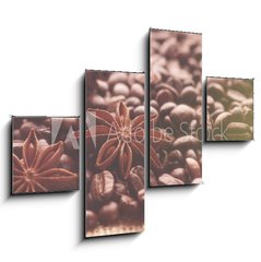 Obraz 4D tydln - 120 x 90 cm F_IB232714184 - Aromatic roasted coffee beans and anis or badian, sticks of natural cinnamon on  background close up