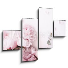 Obraz 4D tydln - 120 x 90 cm F_IB235909172 - Beautiful, tender fresh blossoming aromatic pink Peony flowers and eucalyptus branches on the white background, top view, flat lay